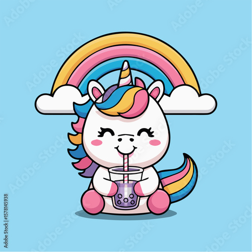 Cute unicorn drinking boba tea with rainbow illustration vector graphics for kids and children design