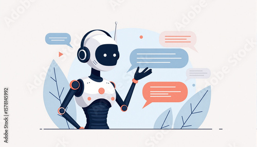 AI Chatbot Robot Working on Laptop with Speech Bubbles – Flat Vector Illustration
