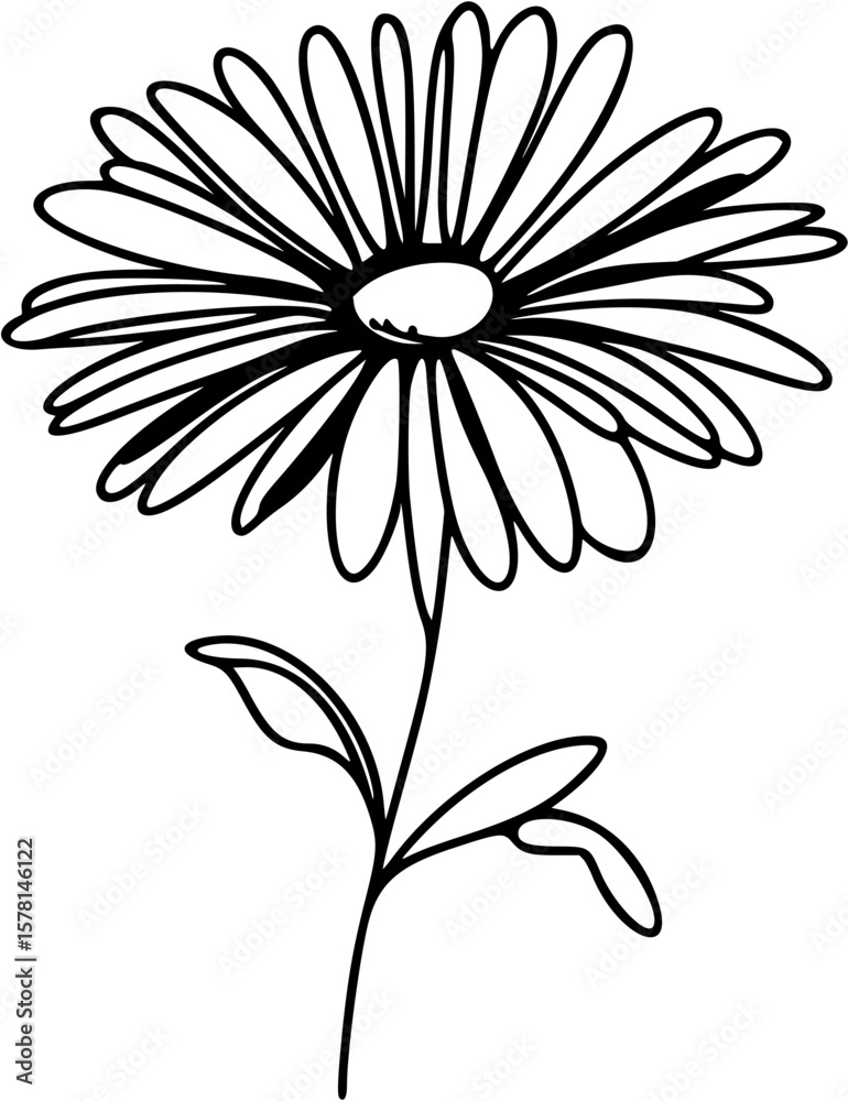 Fototapeta premium Simple one-line drawing of a blooming daisy flower with detailed petals and thin stem, clean black stroke on plain white.