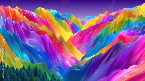 Colorful Mountain Landscape Art, Abstract Waves, Nature