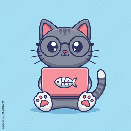 Cute cartoon cat with glasses working on laptop vector illustration for cat lovers and digital art fans
