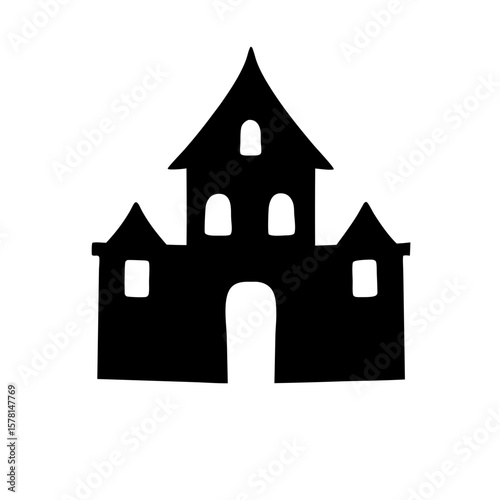 Simple black silhouette drawing of a haunted spooky house with several windows