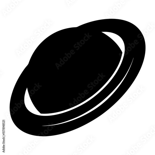 Stylized black and white representation of a ringed planet viewed diagonally