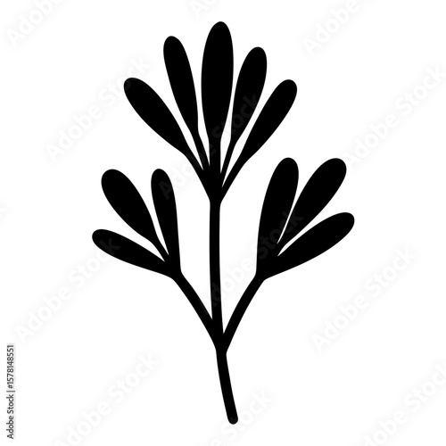 Simple stylized silhouette of a plant branch with teardrop leaves, minimalistic illustration