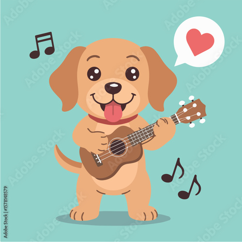 Cute cartoon dog playing ukulele illustration for kids music education and animal lovers design vector art