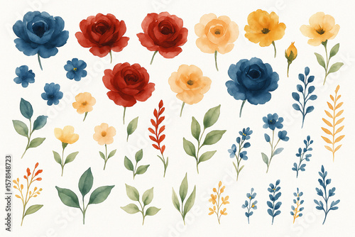 Set of watercolor arrangements featuring garden roses — a collection of pink flowers, leaves, and branches. Botanical illustrations isolated on a white background.