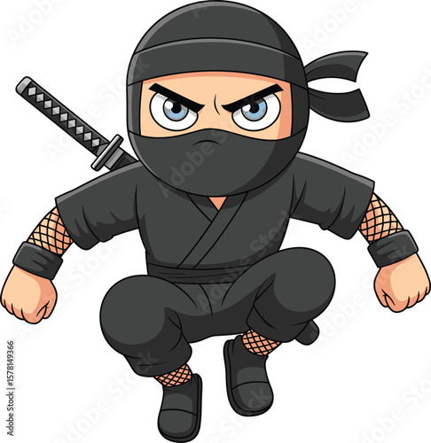 PrintCute cartoon ninja warrior character, black costume, crouching attack pose, samurai sword, vector illustration, Japanese martial arts design, comic style