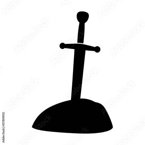 A Cartoonish Sword in a Stone with a simple black Silhouette
