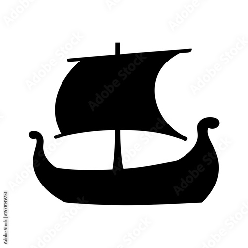 A classic black silhouette of a Viking Longship sailing through the sea