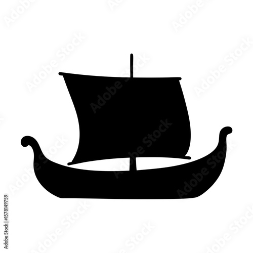 Black silhouette of a Viking longship with sail on a white background
