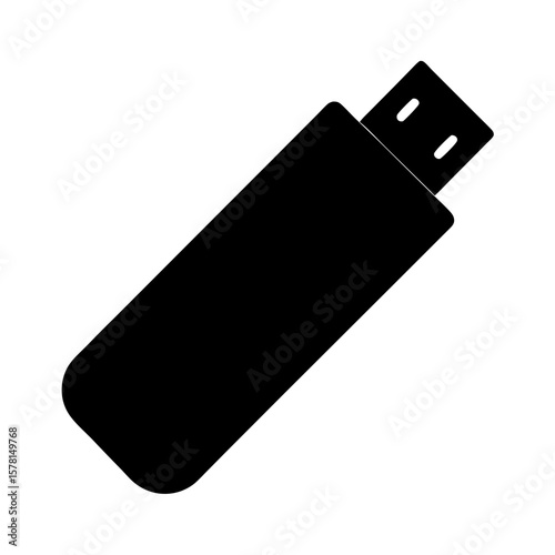 Silhouette of USB Flash Drive Icon, A black silhouette of a USB flash drive, symbolizing digital storage, data transfer, and technology in a minimalist design.
