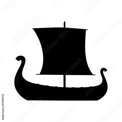 Black silhouette of a Viking ship with a sail on a white background