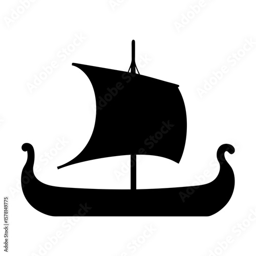 Silhouette of a Classic Viking Ship with Sail and Ornate Ends