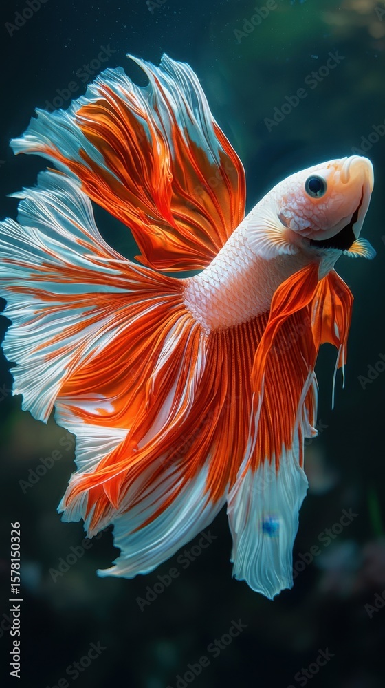 Fototapeta premium Close-up of a vibrant orange and white Siamese fighting fish, showcasing flowing fins and detailed scales in an underwater setting with a dark background