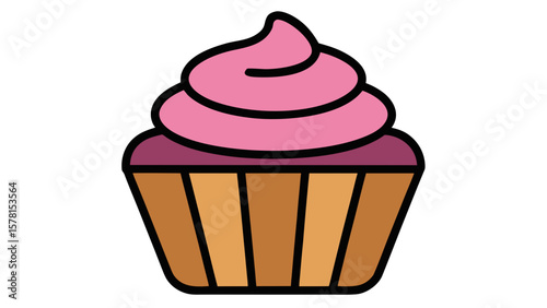 A delightful cupcake with pink frosting and a striped brown wrapper isolated on a white background created with generated ai