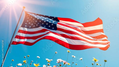 American flag waving in the wind against a bright blue sky with flowers in the foreground