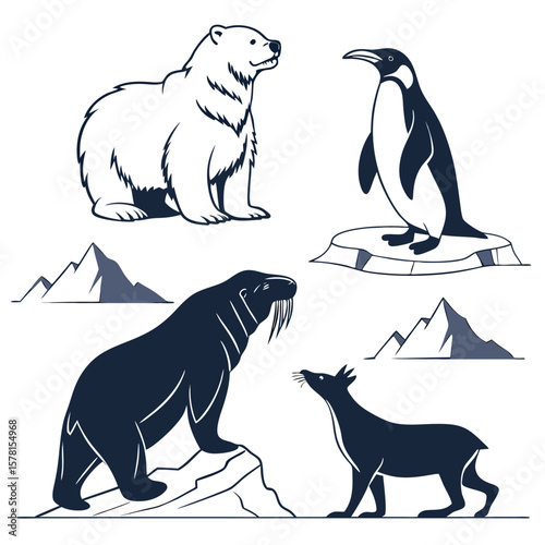 Collection of arctic animal silhouettes including polar bear and penguin isolated on white background
