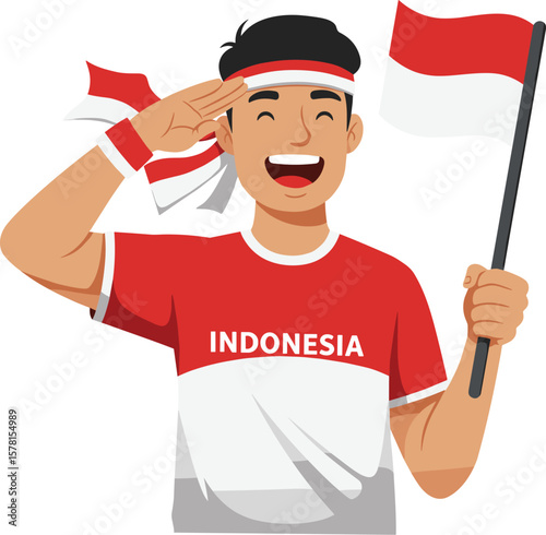 17 August 1945 Anniversary of Freedom and Patriotism in Indonesia, Vector Illustration of Joyful Person Saluting with Flag in Festive Environment