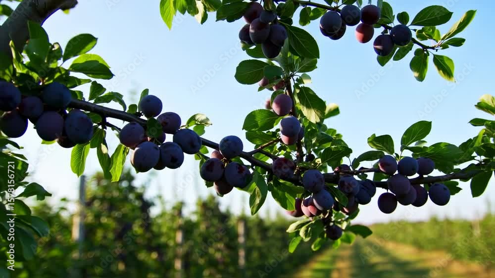 Close-up view of ripe plums hanging from branches in a lush orchard on a sunny day