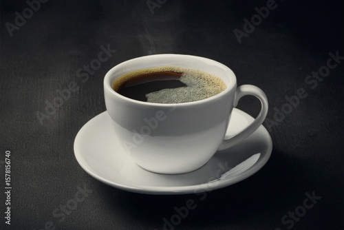 Freshly brewed black coffee in white cup on a dark background. The concept of drinking black coffee for good health. For copy space. Generated image