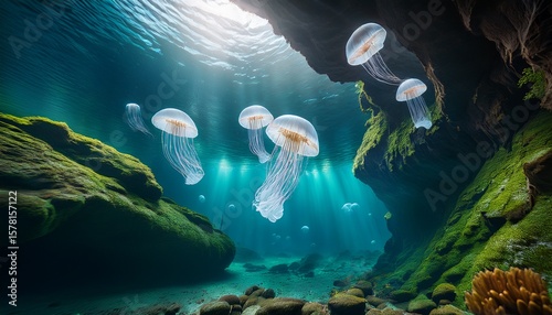 jellyfish swimming gracefully in a serene underwater cave illuminated by natural light