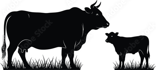 Black silhouette of a cow and calf standing in grass on a white background