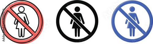 Three prohibition signs with female figures in red black and blue on white background