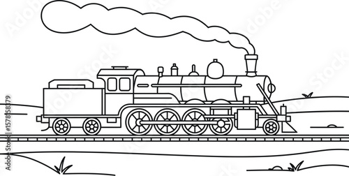 Train coloring page steam locomotive engine vector illustration transportation drawing for kids and adults vector illustration.