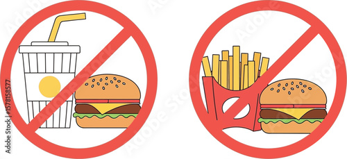 Two no sign icons showing a burger with soda and fries on a light background
