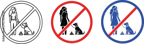Three variations of a no dog fouling sign with a woman dog and dog waste icon