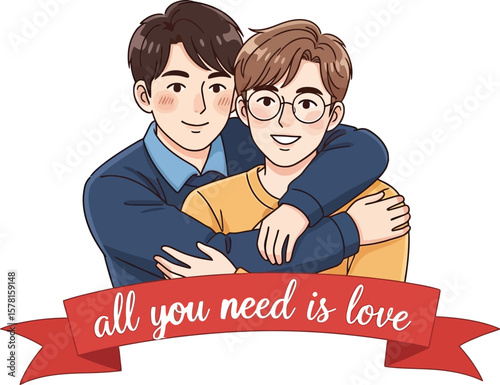 Cartoon illustration of a gay couple embracing with a love message on a banner