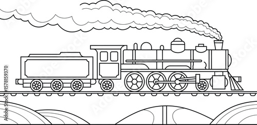Train coloring page steam locomotive outline vintage railway engine drawing for kids activity and fun art  vector illustration.