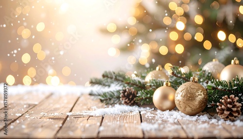 Festive Christmas scene on a rustic wooden table, with golden ornaments, pine branches, and snow, bokeh lights in the background