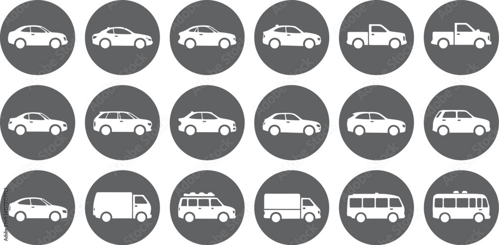 Vehicle icons set in gray circles: car, truck, van, bus, transportation vector design elements set vector illustration. Vehicle icons set in gray circles: car, truck, van, bus, transportation vector design elements set vector illustration.