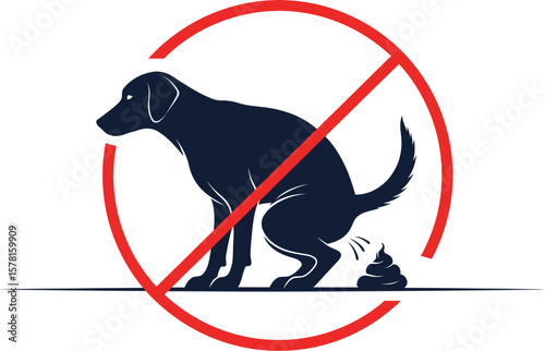 A graphic illustration depicting a dog defecating inside a red prohibition sign