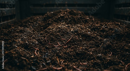 Dark Soil with Worms in Compost Bin for Gardening and Organic Farming