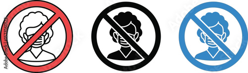 Three signs showing a person with face mask inside a prohibition circle icon