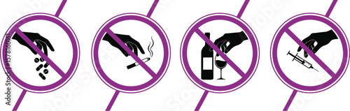 Signs showing hands with pills cigarette alcohol and syringe in prohibition circles
