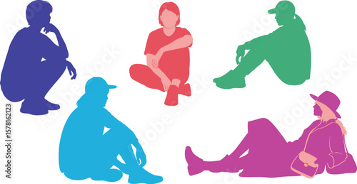 Colorful silhouettes of people sitting and relaxing in various poses on white background