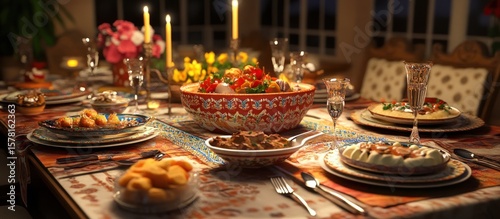 Festive dinner table laden with colorful dishes and candles