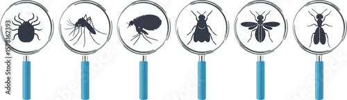 Six magnifying glasses showing different insect silhouettes on a white background