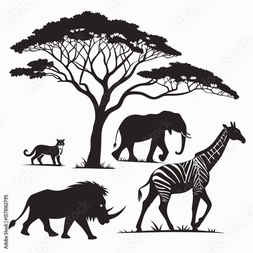Collection of african safari animal silhouettes isolated on white background