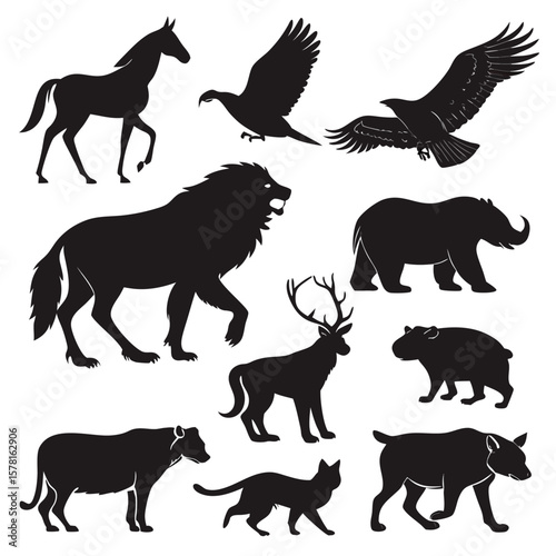 Collection of diverse animal silhouettes isolated on white background