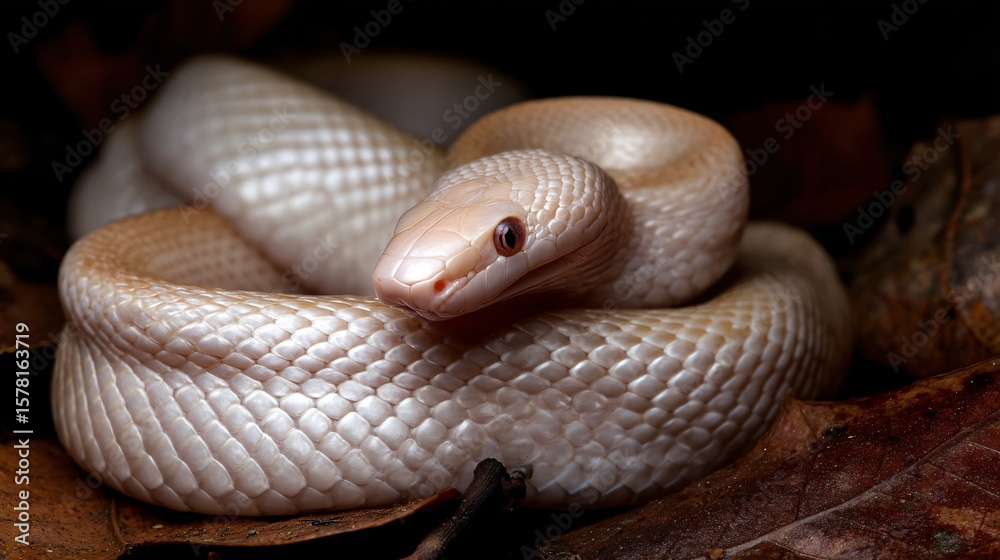Fototapeta premium rare albino snake on natural leaves, exotic species awareness and conservation