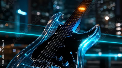 Transparent electric guitar in neon light