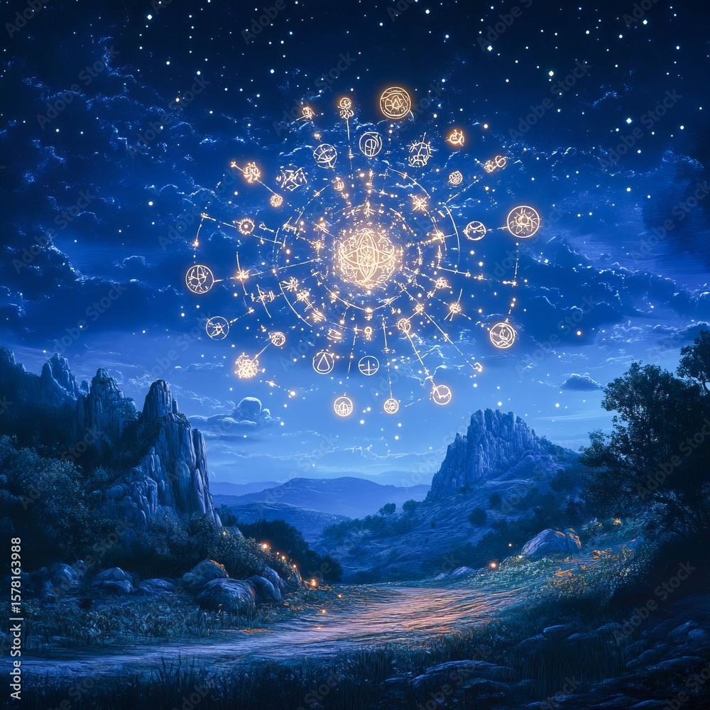 Fototapeta premium Arcane Constellation A constellation of ancient symbols glowing against a surreal night sky symbolic and majestic