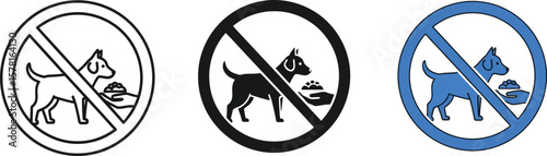 Three signs showing no dog feeding allowed with different color and line styles