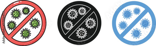 Three circular signs with a line through them and viruses inside each circle sign