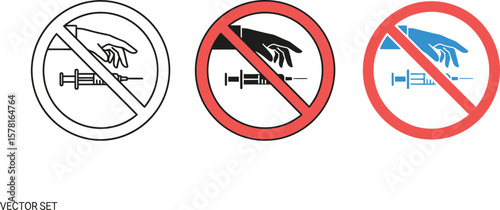 Three no touching syringe signs in different colors and styles on white background