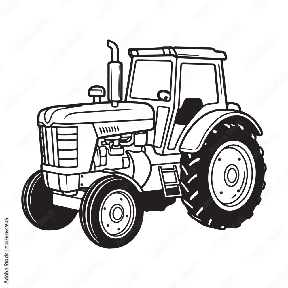 Obraz premium Black and white illustration of a classic tractor agricultural vehicle for farming and agriculture.